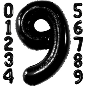 Balon din Folie Metalizata, Flippy, Figurina Cifra, Tema Aniversare 100 cm, Ambalaj Individual, Pai inclus, Umflare cu Aer sau Heliu, Negru, Cifra 9 - Img 2