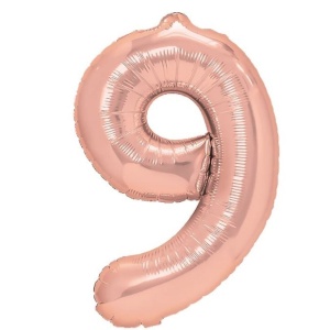 Balon din Folie Metalizata Flippy, Figurina Cifra, Tema Aniversare 100 cm, Ambalaj Individual, Pai inclus, Umflare cu Aer sau Heliu, Coral, Rose Gold, Cifra 9 - Img 1