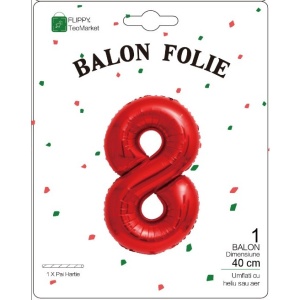 Balon din Folie Metalizata Flippy, Figurina Cifra, Tema Aniversare 40 cm, Ambalaj Individual, Pai inclus, Umflare cu Aer sau Heliu, Rosu, Cifra 8 - Img 2