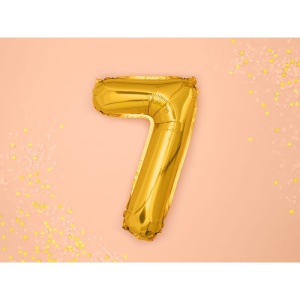 Balon din Folie Metalizata Flippy, Figurina Cifra, Tema Aniversare 40 cm, Ambalaj Individual, Pai inclus, Umflare cu Aer sau Heliu, Auriu, Cifra 7 - Img 3