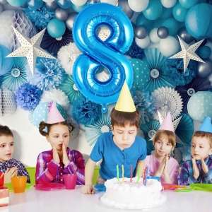 Balon din Folie Metalizata Flippy, Figurina Cifra, Tema Aniversare 40 cm, Ambalaj Individual, Pai inclus, Umflare cu Aer sau Heliu, Albastru, Cifra 8 - Img 3