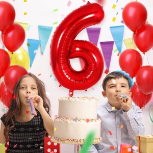 Balon din Folie Metalizata Flippy, Figurina Cifra, Tema Aniversare 80 cm, Ambalaj Individual, Pai inclus, Umflare cu Aer sau Heliu, Rosu, Cifra 6 - Img 6