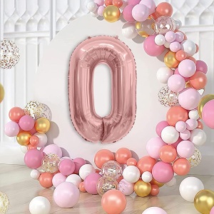 Balon din Folie Metalizata Flippy, Figurina Cifra, Tema Aniversare 80 cm, Ambalaj Individual, Pai inclus, Umflare cu Aer sau Heliu, Rose, Cifra 0 - Img 2