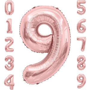 Balon din Folie Metalizata Flippy, Figurina Cifra, Tema Aniversare 80 cm, Ambalaj Individual, Pai inclus, Umflare cu Aer sau Heliu, Rose Gold, Cifra 9 - Img 4