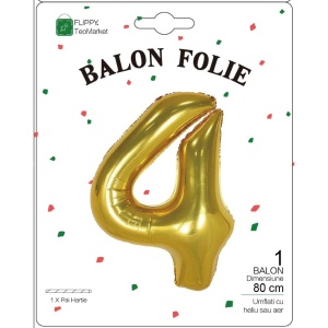 Balon din Folie Metalizata Flippy, Figurina Cifra, Tema Aniversare 80 cm, Ambalaj Individual, Pai inclus, Umflare cu Aer sau Heliu, Auriu, Cifra 4 - Img 2