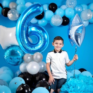 Balon din Folie Metalizata Flippy, Figurina Cifra, Tema Aniversare 80 cm, Ambalaj Individual, Pai inclus, Umflare cu Aer sau Heliu, Albastru, Cifra 6 - Img 2