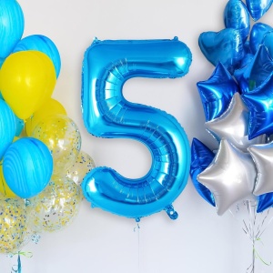 Balon din Folie Metalizata, Flippy, Figurina Cifra, Tema Aniversare 80 cm, Ambalaj Individual, Pai inclus, Umflare cu Aer sau Heliu, Albastru, Cifra 5 - Img 6