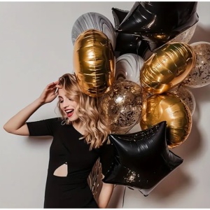 Balon din Folie Metalizata, Flippy, Figurina Stea, Model Simplu, Tematica Aniversare, 40 cm, Ambalaj Individual, Pai Inclus, Umflare cu Aer sau Heliu, Negru - Img 7