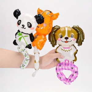 Balon din Folie Metalizata, Flippy, Figurine Animalute, Tip Bratara, Model Catel, 13 x 35 cm, Ambalaj Individual, Pai Inclus, Umflare cu Aer sau Heliu, Maro - Img 4