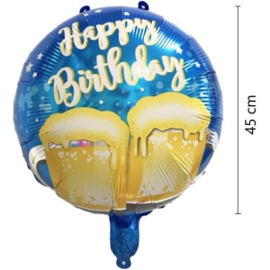 Balon din Folie Metalizata, Flippy, Mini Figurina Rotunda, Model Halbe de Bere, Happy Birthday, Tematica Aniversare, 45 cm, Ambalaj Individual, Pai Inclus, Umflare cu Aer sau Heliu, Albastru - Img 4