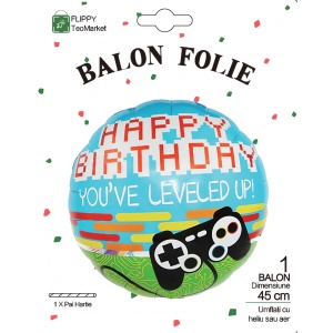 Balon din Folie Metalizata, Flippy, Mini Figurina Rotunda, Model Happy Birthday Gamer, Tema Aniversare, 45 cm, Ambalaj Individual, Pai inclus, Umflare cu Aer sau Heliu, Albastru - Img 4