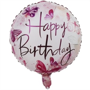 Balon din Folie Metalizata, Flippy, Mini Figurina Rotunda, Model Happy Birthday Fluturasi, Tema Aniversare, 45 cm, Ambalaj Individual, Pai inclus, Umflare cu Aer sau Heliu, Roz - Img 1