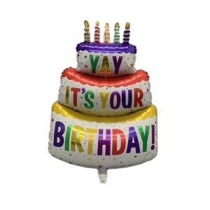 Balon din Folie Metalizata, Flippy, Model Tort cu 3 Straturi, Balon Aniversar, Model Birthday Cake, 102x62 cm, Ambalaj Individual, Pai inclus, Umflare cu Aer sau Heliu, Multicolor - Img 1