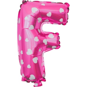 Balon Folie Metalizata Litera F, Flippy, 40 cm, Cu Imprimeu Inimioare, Umflati cu Heliu sau Aer, Ambalaj Individual, Pai inclus, Roz - Img 1