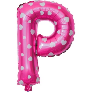 Balon Folie Metalizata Litera P, Flippy, 40 cm, Cu Imprimeu Inimioare, Umflati cu Heliu sau Aer, Ambalaj Individual, Pai inclus, Roz - Img 1