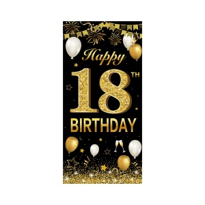 Banner pentru Petrecere, Flippy, Model Happy Birthday, Tematica Majorat, Aniversare 18 Ani, 185x90 cm, Negru - Img 1
