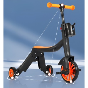 Bicicleta 8 in 1, Flippy, Transformabila, Multifunctionala, Reglare Inaltime, cu Maner de Impingere Detasabil, Tricicleta, Trotineta, 3 Roti, Pedale, Cosulet, 3-6 Ani, Portocaliu - Img 6