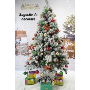 Brad artificial de Craciun nins, decorat cu conuri pin, pentru interior/exterior, inaltime 210 cm, diametru 131 cm, 630 ramuri, Flippy, alb/verde, suport metalic inclus - Img 5