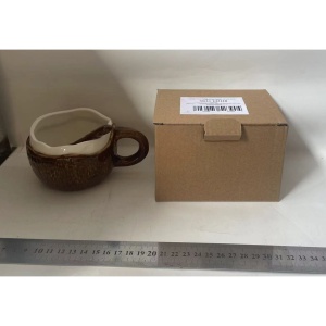 Cana din Ceramica, Flippy, 201-300 ml, cu Lingurita, Model Nuca de Cocos, Maro - Img 2