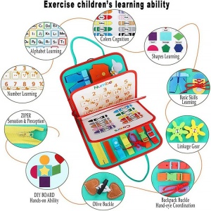 Carte Senzoriala Educativa Montessori, Flippy, cu Activitati, Dezvoltare Abilitati Motorii, 4 Pagini, Model Spatiu Cosmic, 28x22x7 cm, Albastru - Img 8