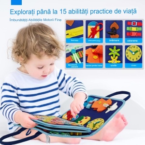 Carte Senzoriala Educativa Montessori, Flippy, Dezvoltare Abilitati Motorii, 5 Pagini, Model Dinozauri, 28x22x7 cm, Albastru - Img 3