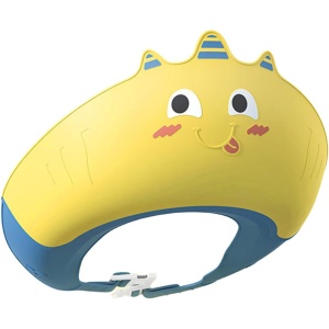 Casca de Dus, Flippy, Previne Scurgerea Apei si Samponului pe Fata, 0-12 Ani, Ajustabila, din TPE+PP, 20 x 23 cm, Model Unicorn, Galben/Albastru - Img 1
