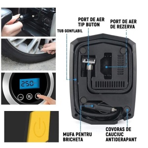 Compresor Auto Portabil cu Lanterna si Afisaj Electornic Flippy, DC 12V, 120W, 35L/min, Cablu de alimentare 3m, Pompa Biciclete, Moto, Mingi, Saltele, Max 10.3bar, lumina LED, Negru - Img 3