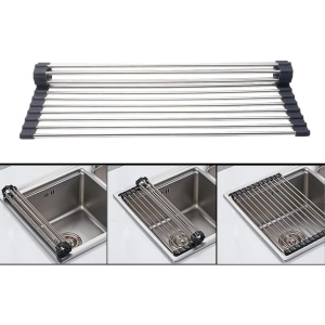 Covoras de Scurgere pentru Chiuveta Bucatarie, din Otel Inoxidabil, Suport Chiuveta, Pliabil, Antiderapant, Usor de Curatat si de Depozitat, 37x30 cm, 15 Tuburi, Negru - Img 3