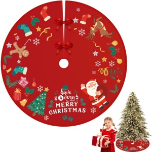 Covoras pentru Bradul de Craciun, Flippy, din Tesatura Pufoasa, cu Fundite de Prindere, Model Mos Craciun, Rosu, Diametru 90 cm - Img 6