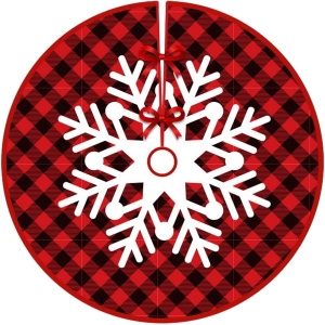 Covoras pentru Bradul de Craciun, Flippy, din Tesatura Pufoasa, cu Fundite de Prindere, Model Fulg de Nea, Carouri Rosu/Negru, Diametru 90 cm - Img 1