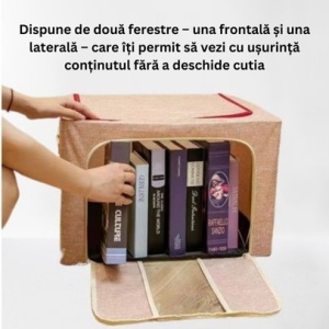 Cutie de Depozitare Pliabila, Flippy, 100 L, din Bumbac si In, 60x42x40 cm, Fereastra Frontala, 2 Usi de Acces cu Fermoar Bidirectional, Cadru Metalic, Suport Baza Stabil din Plastic, Roz Pudrat - Img 5