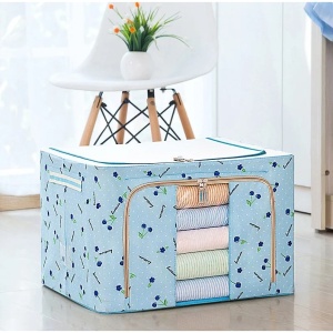 Cutie de Depozitare Pliabila, Flippy, 100 L, din Tesatura Oxford, 60x42x40 cm, Fereastra Frontala, 2 Usi de Acces cu Fermoar Bidirectional, Cadru Metalic, Suport Baza Stabil din Plastic, Imprimeu Cirese, Albastru - Img 1
