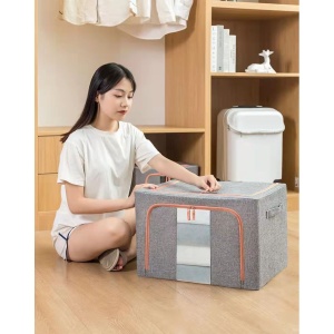 Cutie de Depozitare Pliabila, Flippy, 24 L, din Bumbac si In, 40x30x20 cm, Fereastra Frontala, 2 Usi de Acces cu Fermoar Bidirectional, Cadru Metalic, Suport Baza Stabil din Plastic, Gri - Img 10