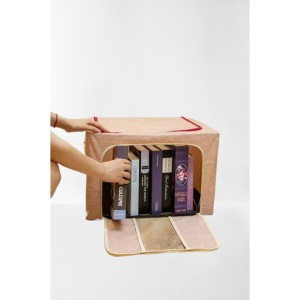 Cutie de Depozitare Pliabila, Flippy, 24 L, din Bumbac si In, 40x30x20 cm, 2 Ferestre, Frontala si Laterala, 2 Usi de Acces cu Fermoar Bidirectional, Cadru Metalic, Suport Baza Stabil din Plastic, Bej - Img 2