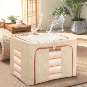 Cutie de Depozitare Pliabila, Flippy, 24 L, din Bumbac si In, 40x30x20 cm, 2 Ferestre, Frontala si Laterala, 2 Usi de Acces cu Fermoar Bidirectional, Cadru Metalic, Suport Baza Stabil din Plastic, Bej - Img 4
