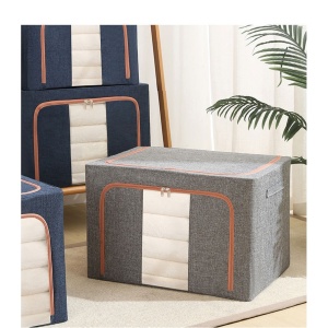 Cutie de Depozitare Pliabila, Flippy, 24 L, din Bumbac si In, 40x30x20 cm, Fereastra Frontala, 2 Usi de Acces cu Fermoar Bidirectional, Cadru Metalic, Suport Baza Stabil din Plastic, Gri - Img 1