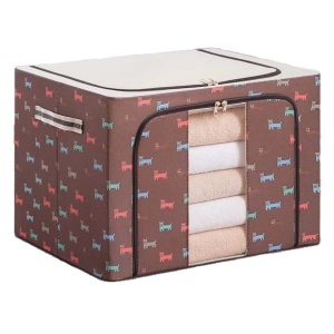 Cutie de Depozitare Pliabila, Flippy, 24 L, Panza Oxford, 40x30x20 cm, Fereastra Frontala, 2 Usi de Acces cu Fermoar Bidirectional, Cadru Metalic, Suport Baza Stabil din Plastic, Imprimeu Catelus, Maro/Bej - Img 3
