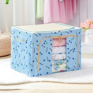 Cutie de Depozitare Pliabila, Flippy, 66 L, din Tesatura Oxford, 50x40x33 cm, Fereastra Frontala, 2 Usi de Acces cu Fermoar Bidirectional, Cadru Metalic, Suport Baza Stabil din Plastic, Imprimeu Cirese, Albastru - Img 2