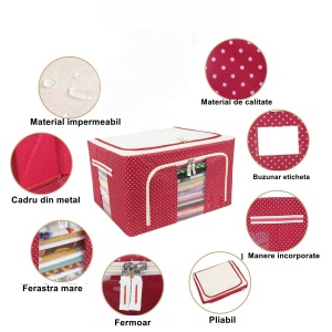 Cutie de Depozitare Pliabila, Flippy, cu Fermoar, 100 L, Textil, 60x42x40 cm, O Fereastra, Cadru Metalic, Suport Baza Stabil din Plastic, imprimeu punctat, Rosu - Img 4
