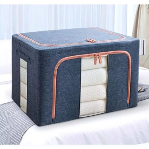 Cutie de Depozitare Pliabila, Flippy, Cu Fermoar, 100 L, Textil, 60x42x40 cm, Cadru Metalic, Suport Baza Stabil din Plastic, Albastru Marin cu Doua Ferestre - Img 5