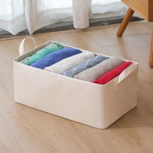 Cutie de Depozitare Tip Cos, Flippy, Material Piele Ecologica, Pliabila, 47x28x20 cm, 26 l, Cadru Metalic, cu Manere, Bej - Img 5