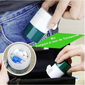 Cutie Pastile Multifunctionala, Flippy, 4 in 1, Pahar Apa, Taiere, Sfaramare, Depozitare, Compact, ABS cu Lama din Inox, Alb/Verde, 8.7x6.2x4.1 cm - Img 3