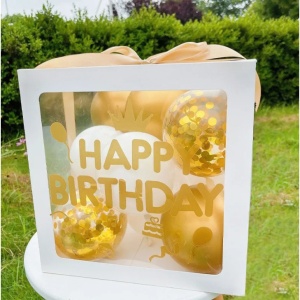 Cutie pentru Baloane, Flippy, Tematica Aniversare, Model Scris Happy Birthday, Baloane Aurii, Albe si Panglica Incluse, Contur Alb, Transparenta, 30x30 cm - Img 2