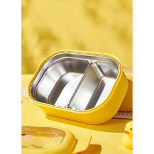 Cutie pentru Pranz sau Gustari, Flippy, cu Doua Compartimente, Model Ratusca, pentru Copii si Adulti, Etansare, PP, Perfect pentru Scoala si Birou, 1000 mL, 22.5x14.5x8 cm, Galben - Img 11