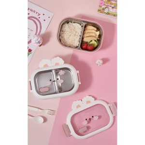 Cutie pentru Pranz sau Gustari, Flippy, cu Doua Compartimente, Model Iepuras, pentru Copii si Adulti, Etansare, PP, Perfect pentru Scoala si Birou, 1000 mL, 22x17.8x8 cm, Alb - Img 3
