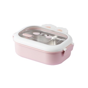 Cutie pentru Pranz sau Gustari, Flippy, cu Doua Compartimente, Model Iepuras, pentru Copii si Adulti, Etansare, PP, Perfect pentru Scoala si Birou, 1000 mL, 22x17.8x8 cm, Roz - Img 1