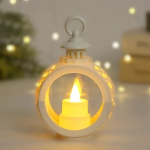 Decoratiune Craciun tip Felinare cu baterii, 13.5 x 9 cm,Lumanare cu lumina alb cald fara geam,baterii incluse,Alb - Img 2