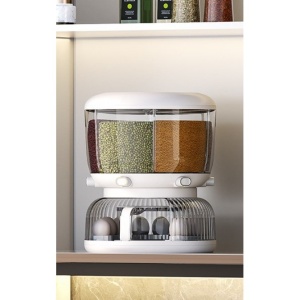 Dozator etajat de cereale Flippy, rotativ 360, 6 compartimente, capacitate 10L, cofrag special pentru oua, vas pentru scurgerea cerealelor, 35x27.5 cm, alb - Img 3