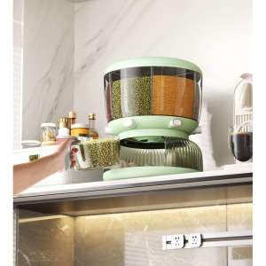 Dozator Etajat de Cereale Flippy, Rotativ 360, 6 Compartimente, Capacitate 10L, Cofraj Special pentru Oua, Vas pentru Scurgerea Cerealelor, 35x27.5 cm, Verde - Img 5