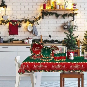Fata de Masa Festiva, Flippy, Dreptunghiulara, Imprimeu Merry Christmas, Tema Craciun, Rezistenta la Apa, din PVC, 137 x 274 cm, Rosu/Verde - Img 5